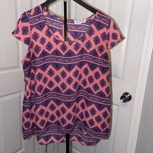 Pink Rose Blouse Women's XL Pink Short Sleeve Round Neck Shirt Casual Workwear